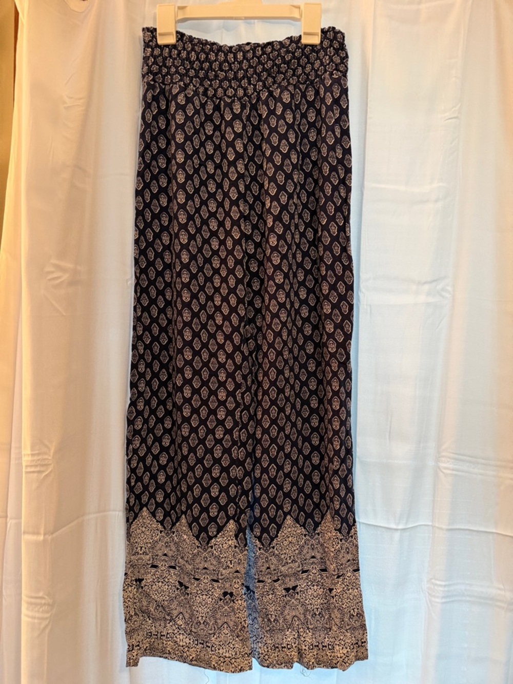 Navy Patterned Wide-Leg Smocked Waist Pants